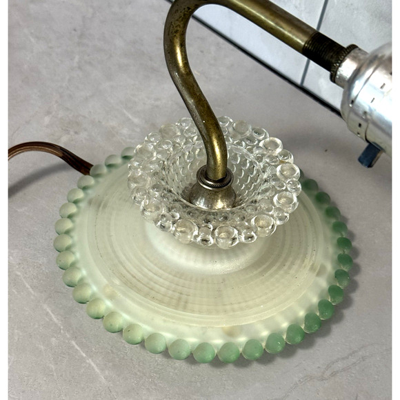 Vintage 1930s Art Deco Green Frosted Glass Wall Sconce Hobnail Beaded Backplate - Picture 5 of 12